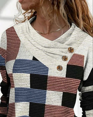 Yipinpay Geometric Print Button Decor Long Sleeve Top Pullover T-Shirts Fashion Woman Blouses 2023 Fall Outfits Women Tee Vintage